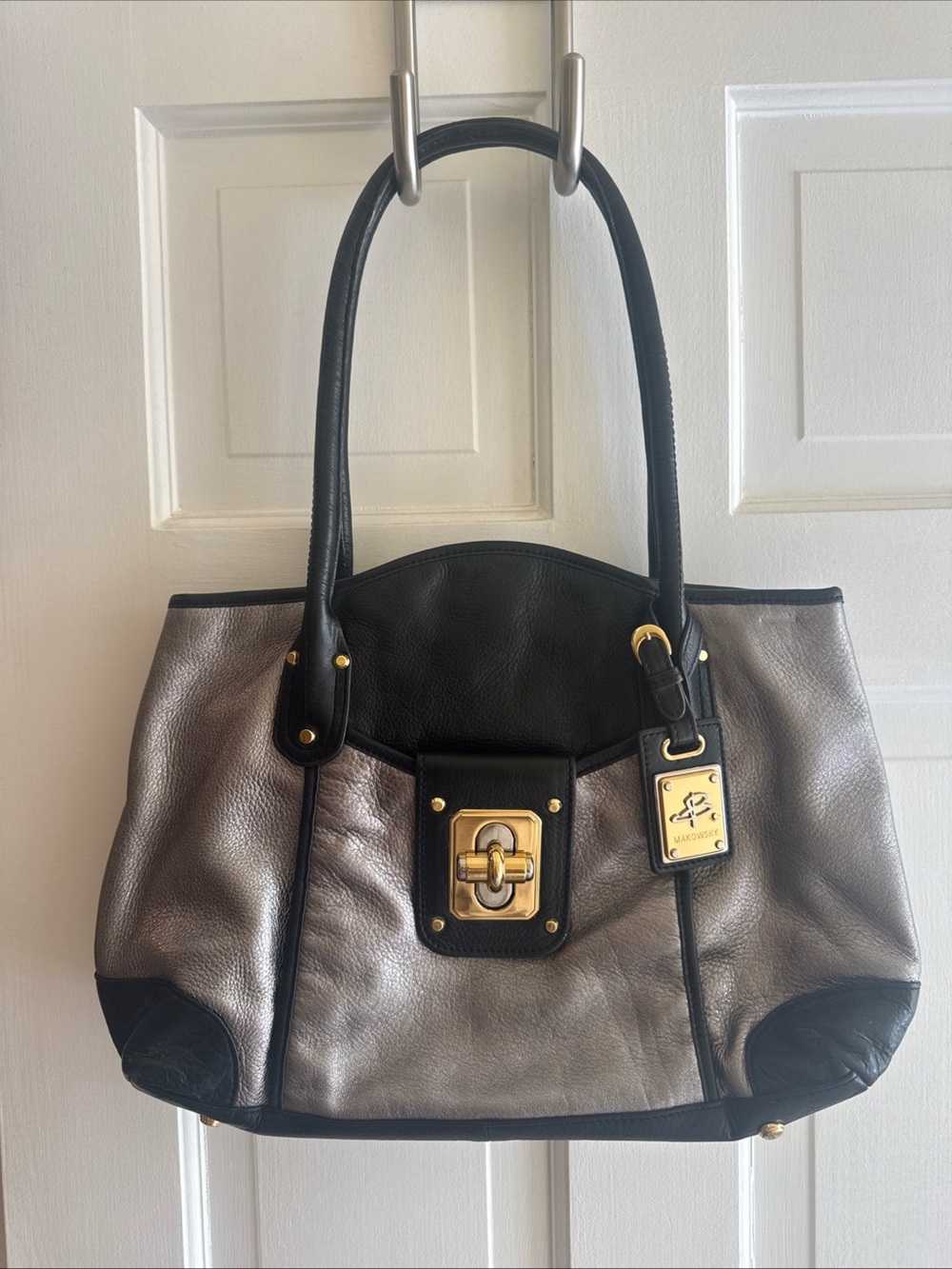B. Makowsky Pebbled Leather Black And Gold Top Handle Shoulder Bag